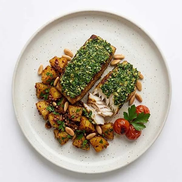Cilantro-Crusted Fish with Spicy Batata Hara